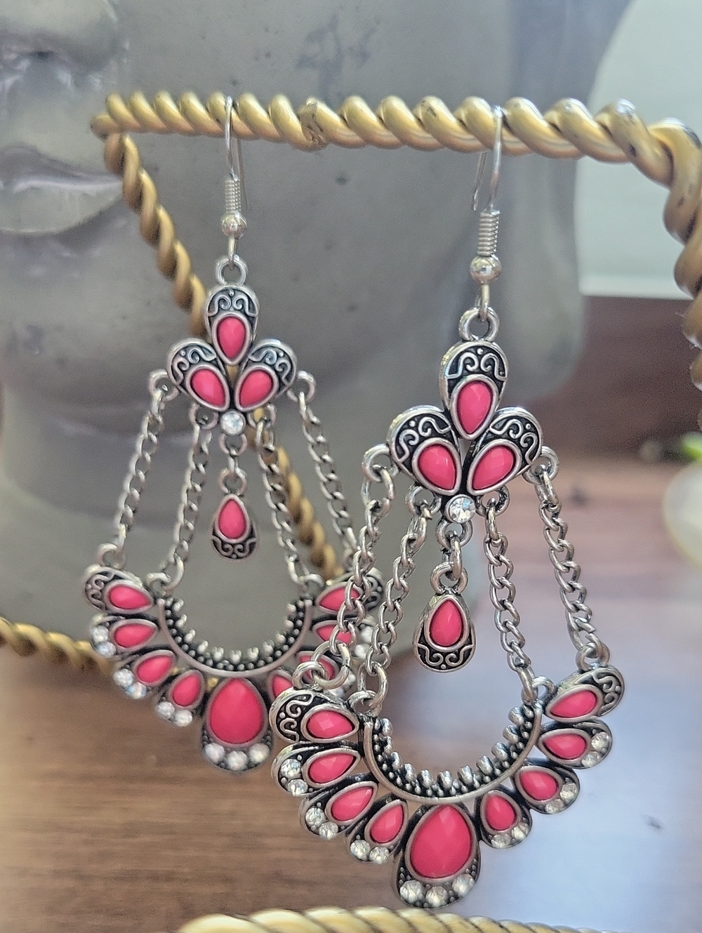 Pink Boho Western Teardrop Chandelier Earrings - Silver Tone
